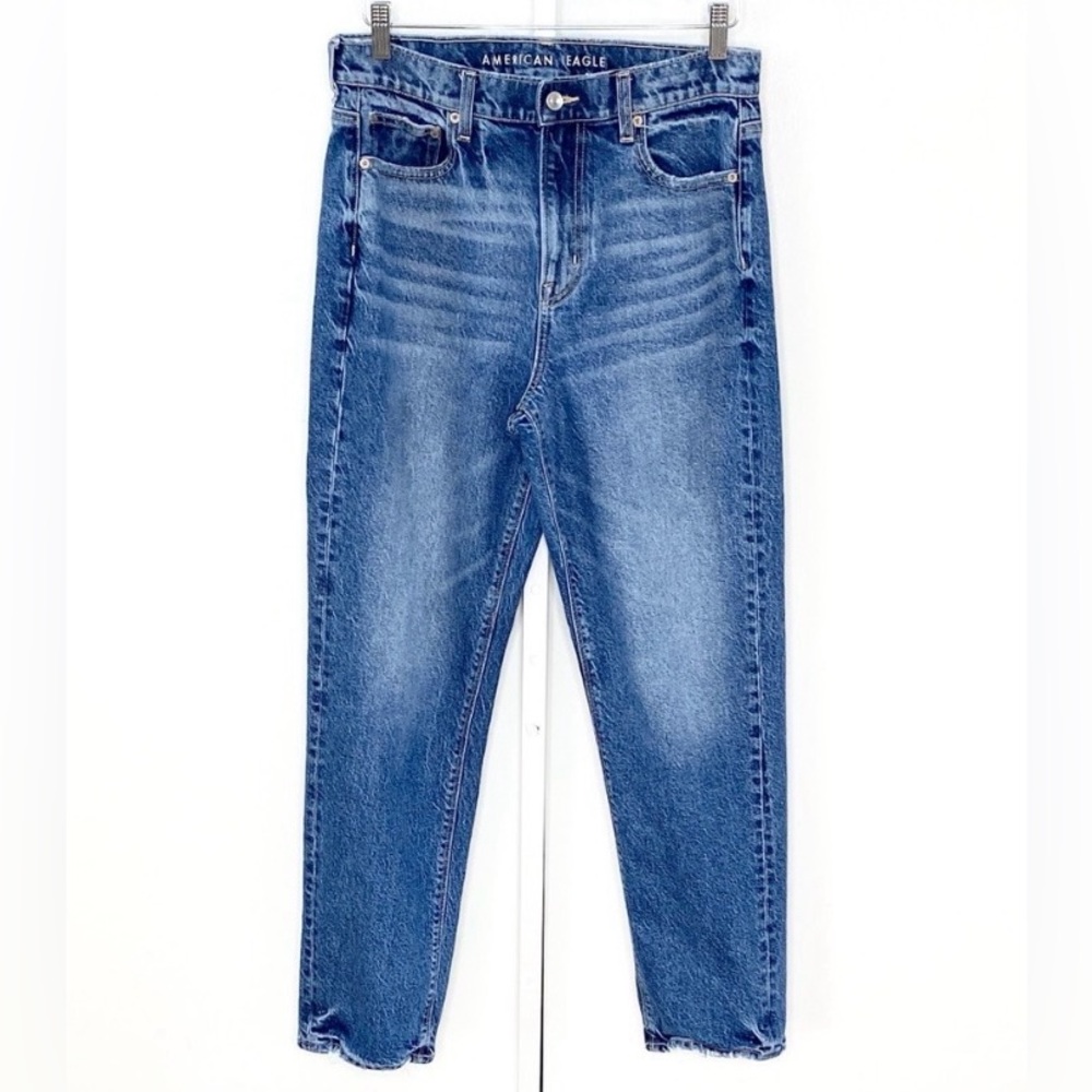 American Eagle | Medium-Wash Denim Super High-Rise Stretch Straight Jeans Sz 10 - Picture 3 of 16